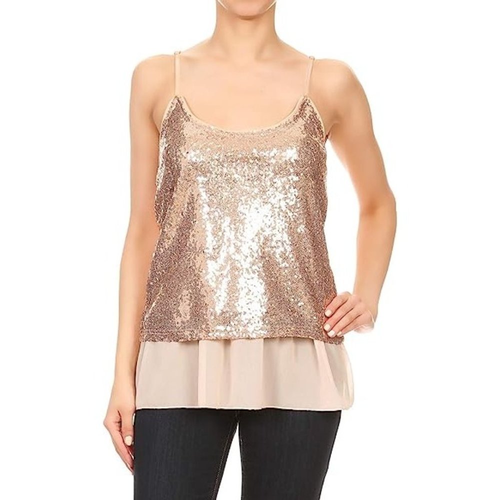 Charlotte Russe Womens Sequin Tank Top TA10015 Racerback Scoop Neck Nude Pink XL